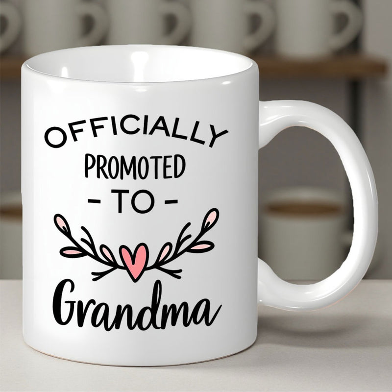 Tailorly White Ceramic 11 oz Mug - Officially Promoted To Grandma Elegant Hand Drawn Floral Branches With A Center Pink Heart Mug