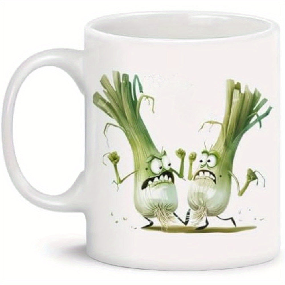 Tailorly White Ceramic 11 oz Mug - Two Angry Green Animated Onions Fighting With Comical Faces And Limbs Leek