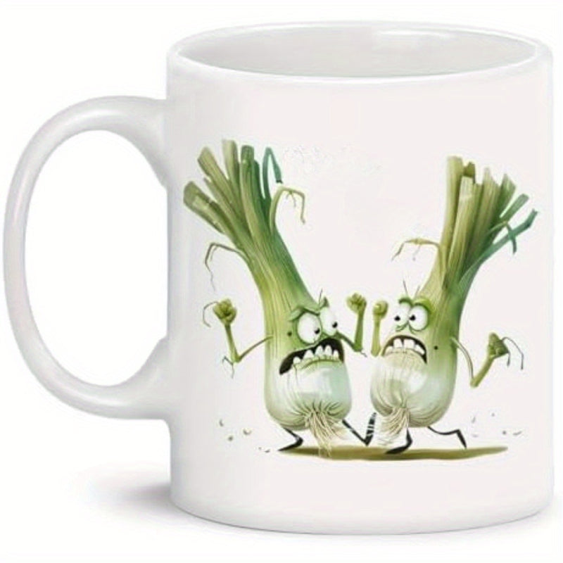 Tailorly White Ceramic 11 oz Mug - Two Angry Green Animated Onions Fighting With Comical Faces And Limbs Leek