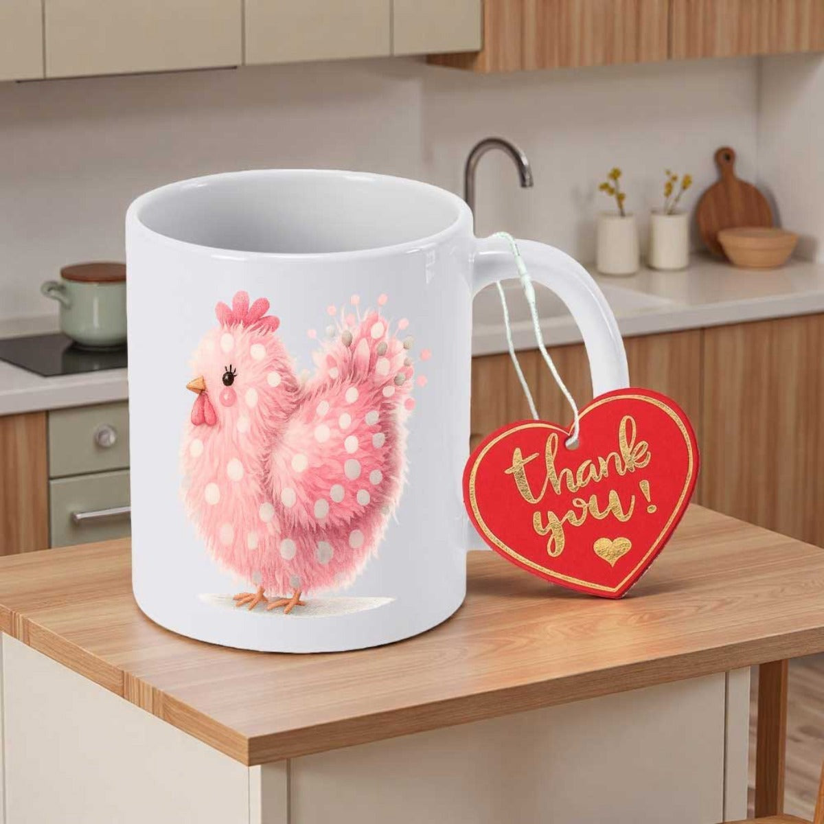 Tailorly White Ceramic 11 oz Mug - Thank You Adorable Pink Watercolor Bird With White Polka Dots Chicken