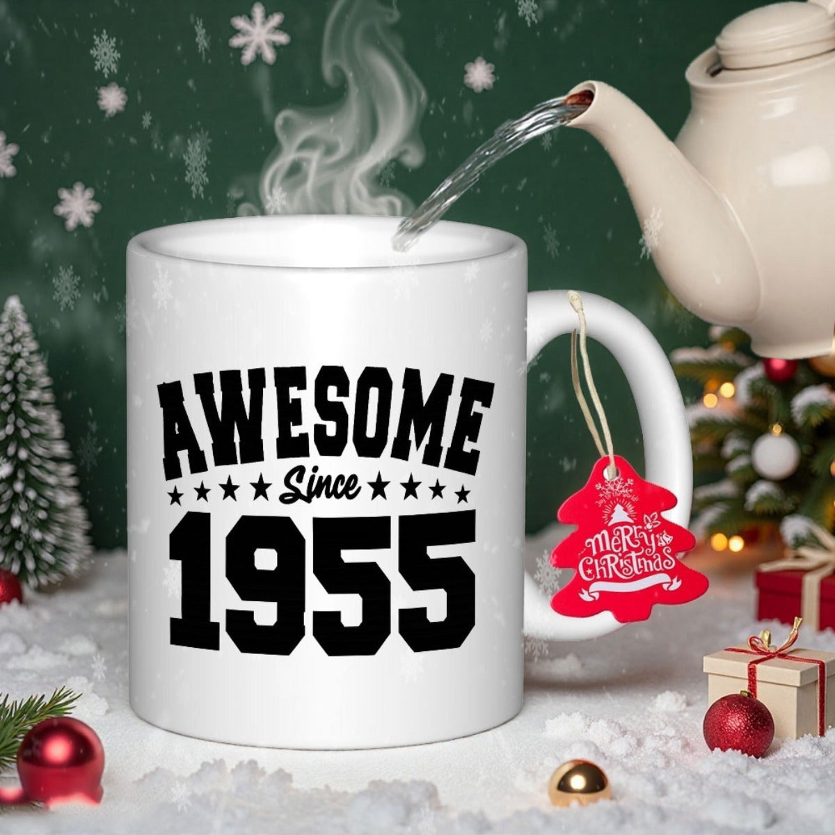 Tailorly White Ceramic 11 oz Mug - Awesome Since 1955 Bold Varsity Letters With Stars And Elegant Cursive Script Decoration