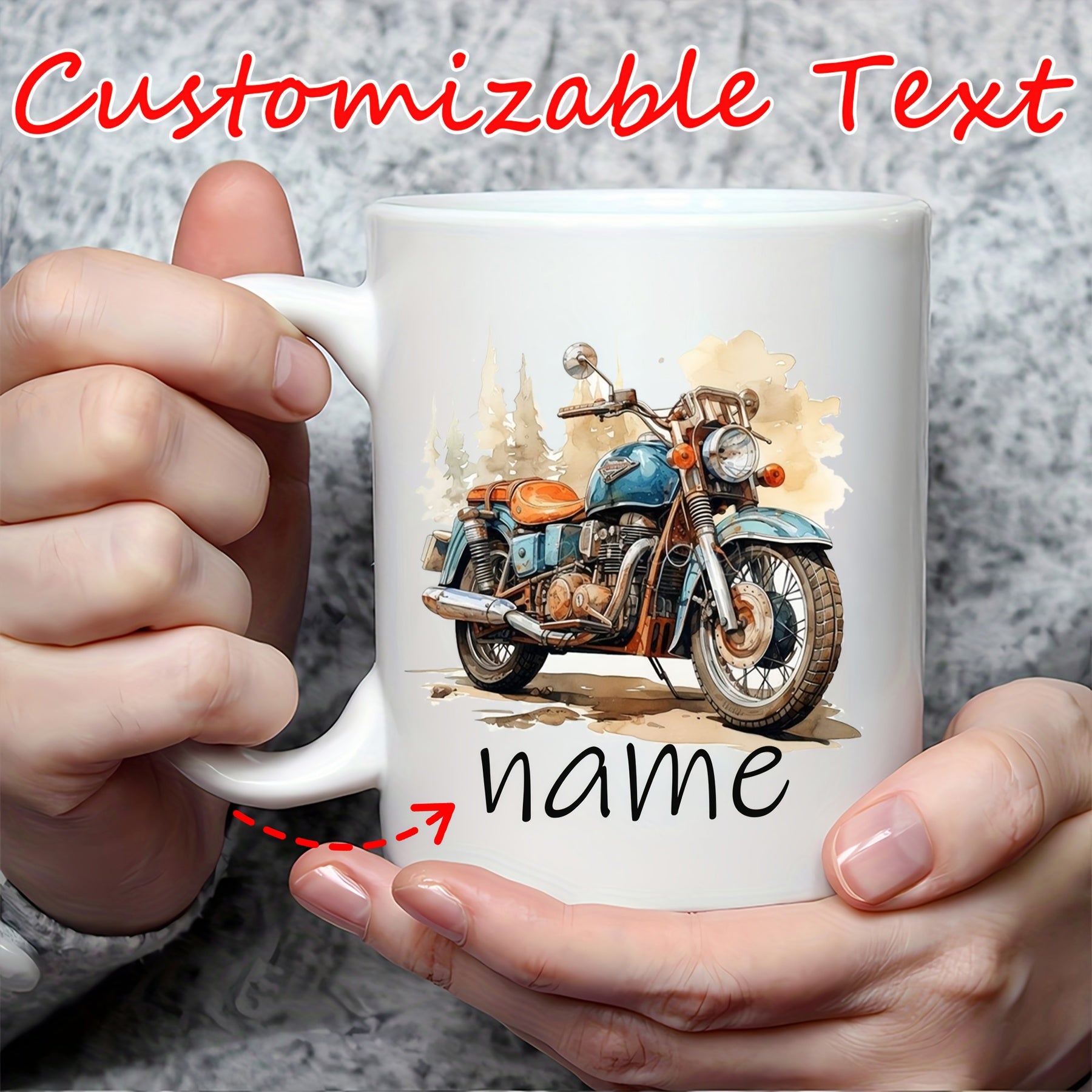 Tailorly White Ceramic 11 oz Mug - Customizable Text Name Vintage Blue Cruiser With Classic Brown Seat Parked On Scenic Path Motorcycle