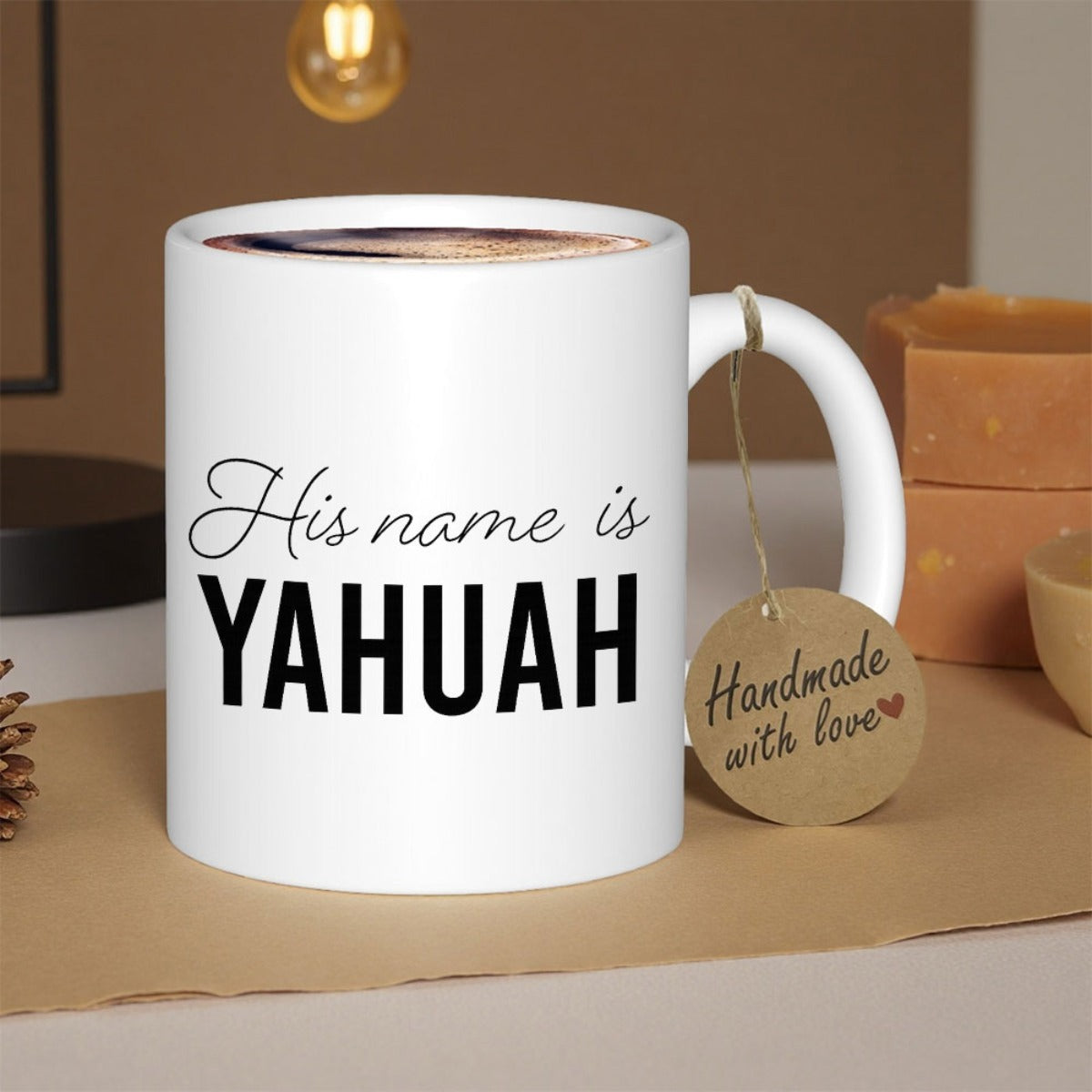 Tailorly White Ceramic 11 oz Mug - His Name Is Yahuah Elegant Script Combined With Bold Minimalist Typography On