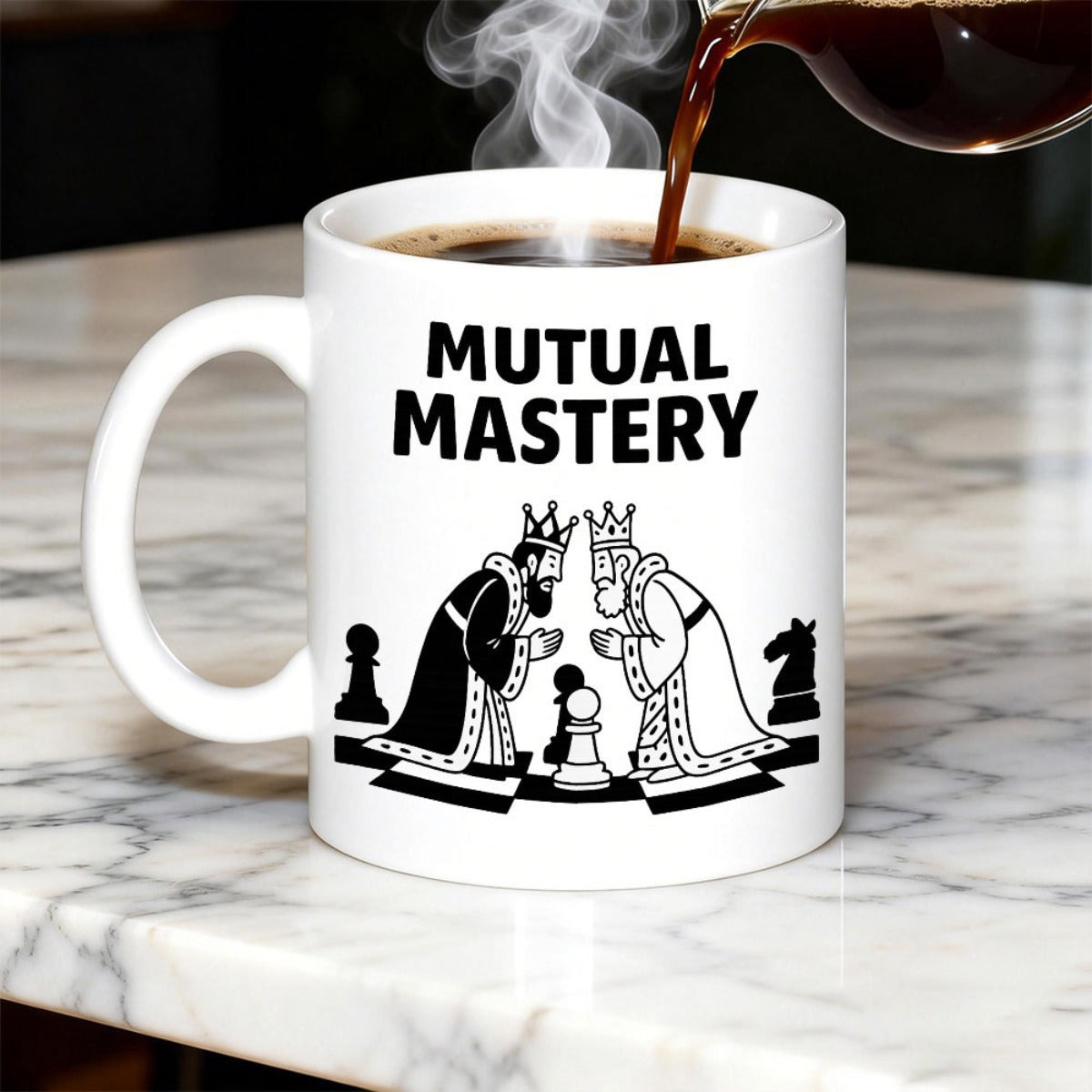 Tailorly White Ceramic 11 oz Mug - Mutual Mastery Two Royal Kings Facing Each Other On A Graphic Chessboard Chess