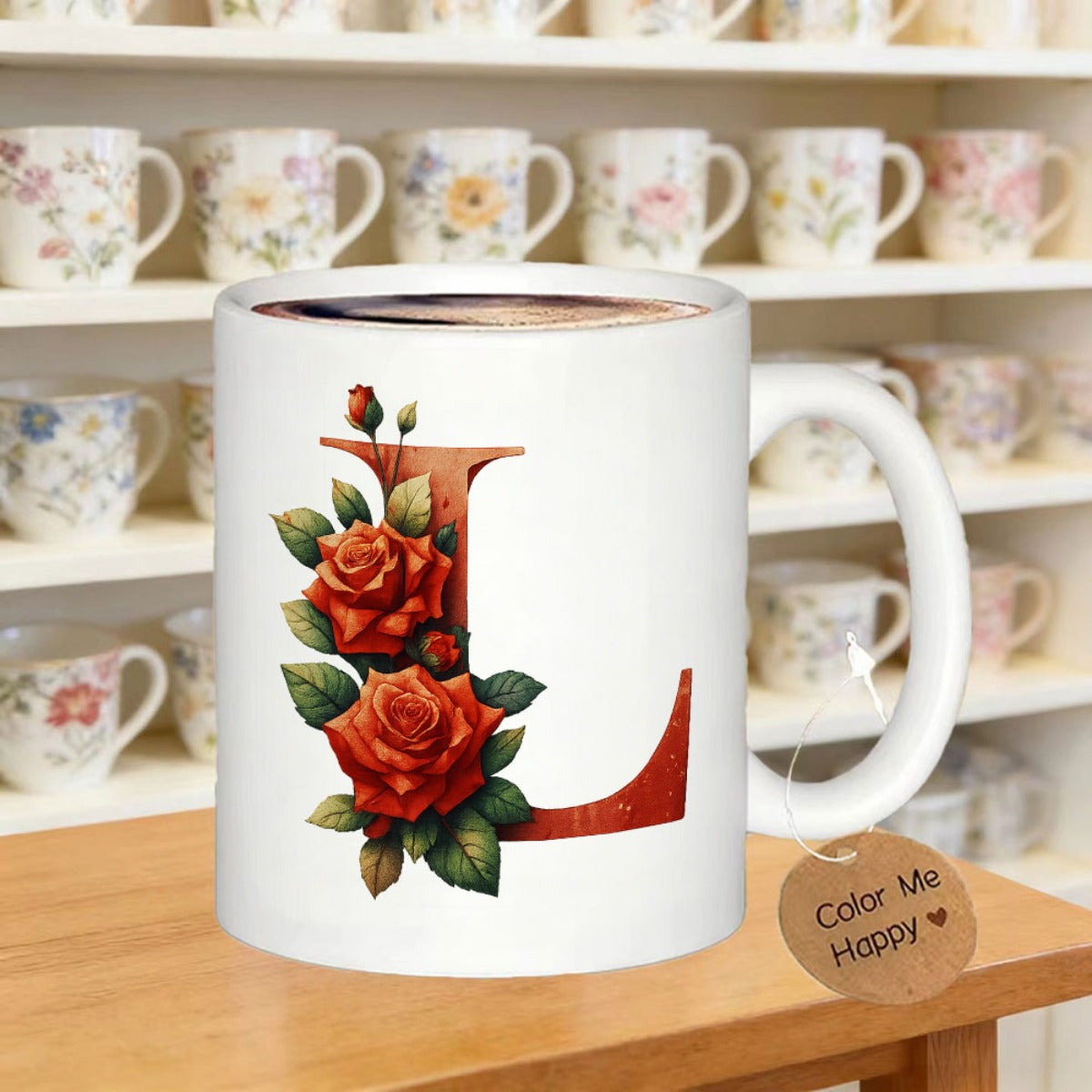Tailorly White Ceramic 11 oz Mug - Color Me Happy Elegant Red Roses With Green Leaves Adorning A Large Serif Letter