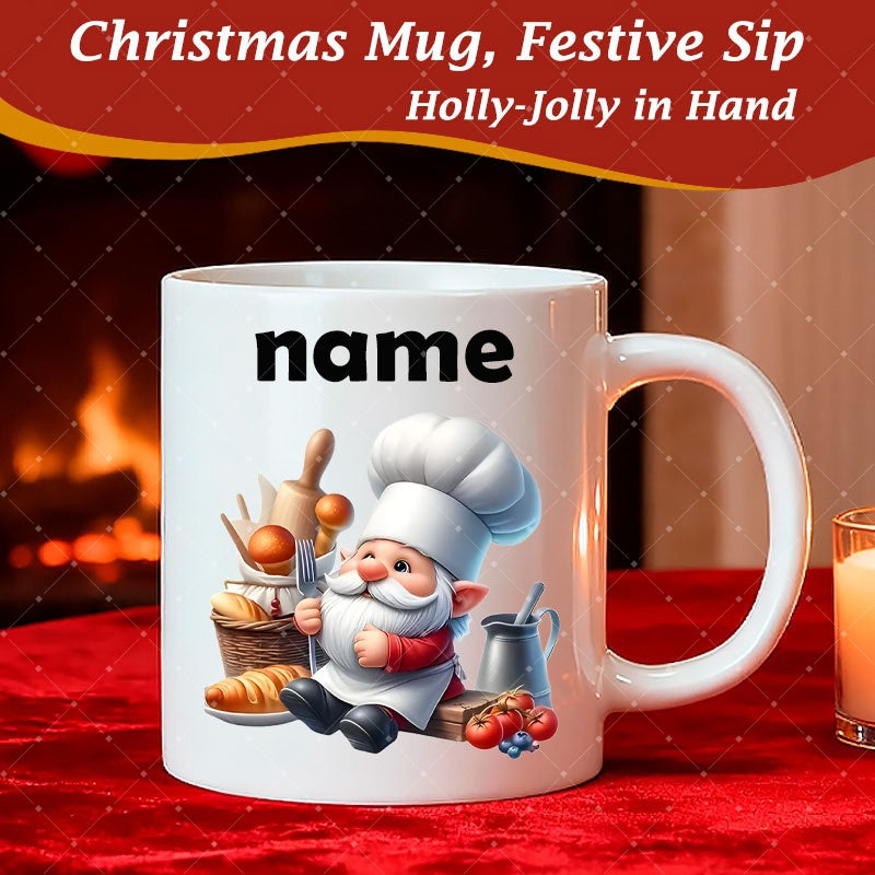 Tailorly White Ceramic 11 oz Mug - Name Charming Little Pastry Chef Sitting With Fresh Bread And Baking Tools Gnome