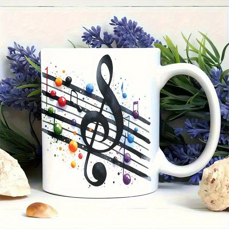 Tailorly White Ceramic 11 oz Mug - Vibrant Musical Staff Featuring Colorful Spheres Surrounding A Graceful Artistic Treble Clef