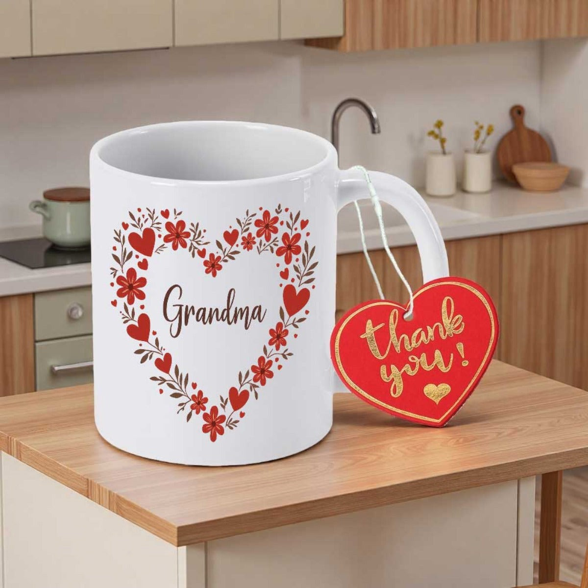 Tailorly White Ceramic 11 oz Mug - Grandma Elegant Floral Heart Wreath With Red Blossoms And Delicate Hearts Mug