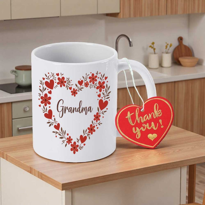 Tailorly White Ceramic 11 oz Mug - Grandma Elegant Floral Heart Wreath With Red Blossoms And Delicate Hearts Mug