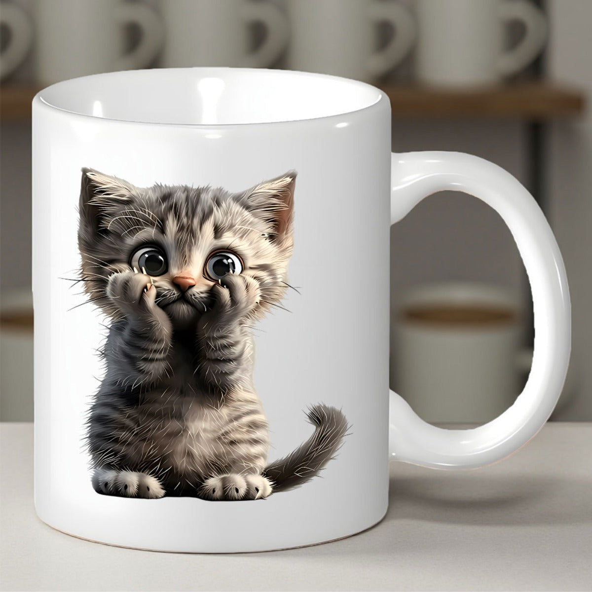 Tailorly White Ceramic 11 oz Mug - Adorable Grey Tabby Kitten Sitting With Paws On Cheeks Kitten