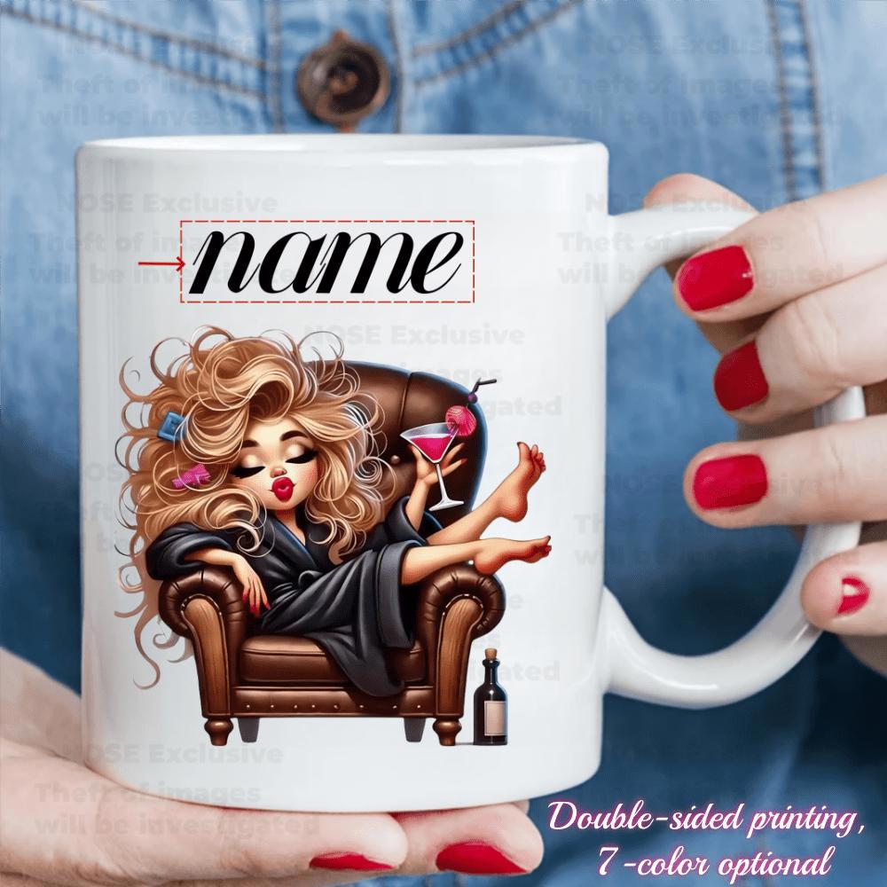 Tailorly White Ceramic 11 oz Mug - Name Glamorous Woman Resting In Brown Leather Chair Holding Pink Drink Woman