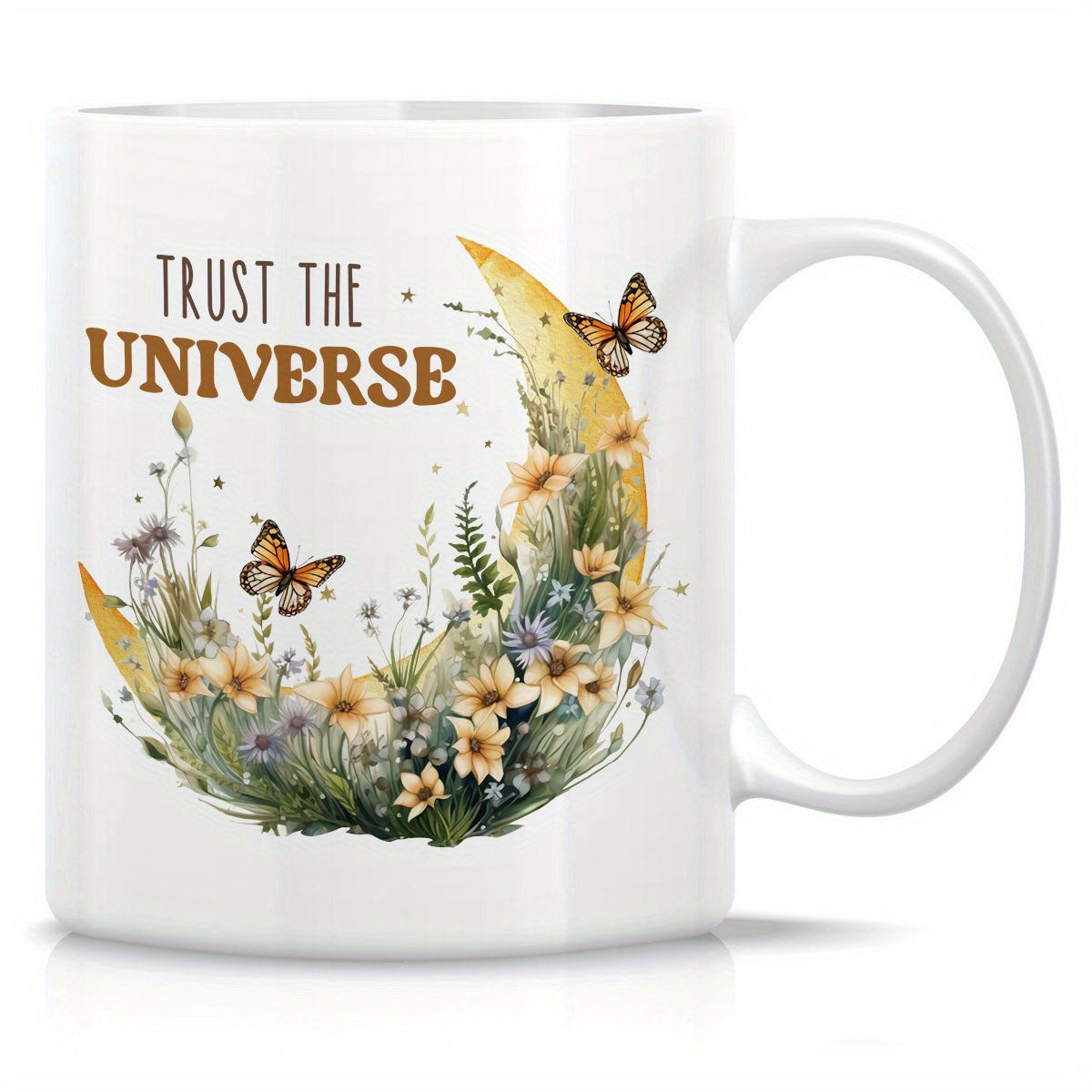 Tailorly White Ceramic 11 oz Mug - Trust The Universe Vintage Botanical Crescent With Delicate Wildflowers And Fluttering Butterflies Moon