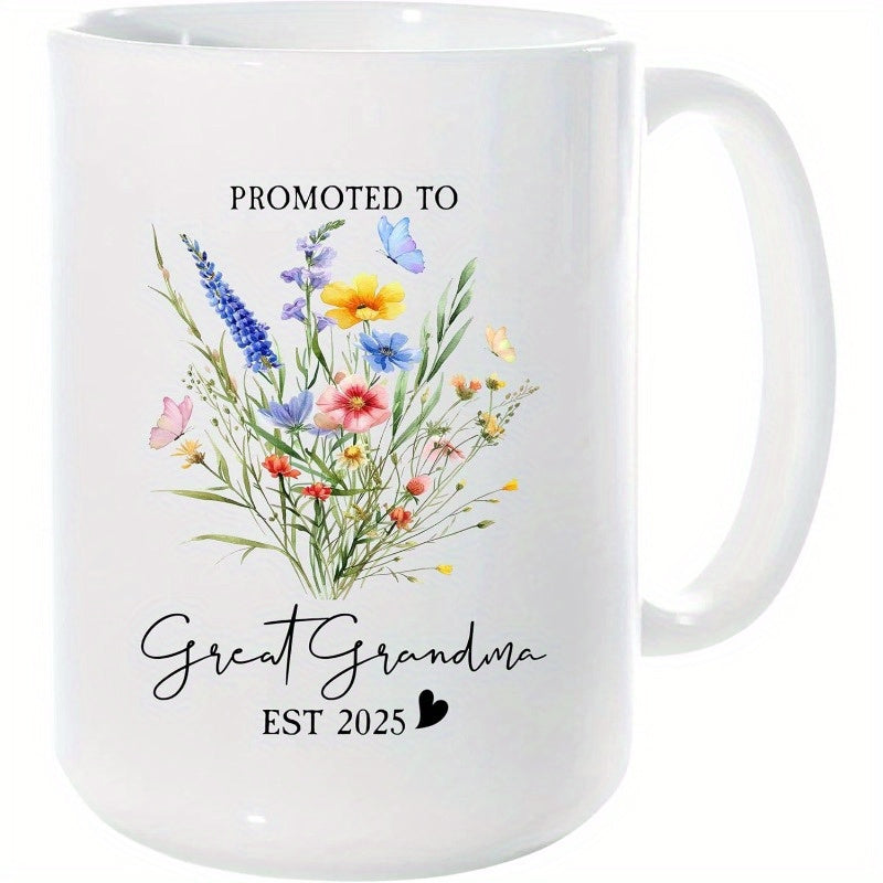 Tailorly White Ceramic 11 oz Mug - Promoted To Great Grandma EST 2025 Soft Watercolor Garden Flowers With Fluttering Butterflies Among Green Grass Wildflowers