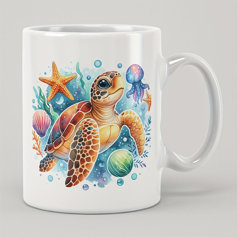 Tailorly White Ceramic 11 oz Mug - Watercolor Ocean Life With Vibrant Starfish And Bubbles Floating Near Sea Turtle