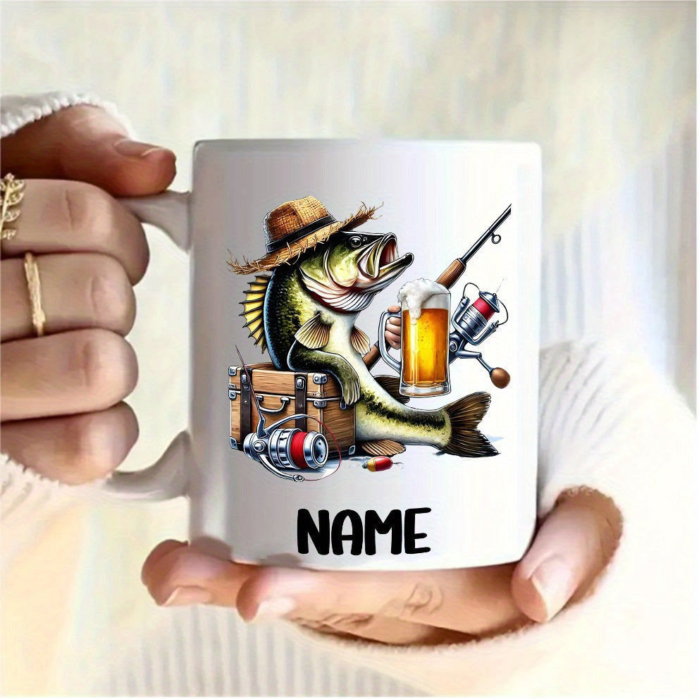 Tailorly White Ceramic 11 oz Mug - Name Humorous Bass Wearing A Straw Hat Holding Cold Beer Mug Bass