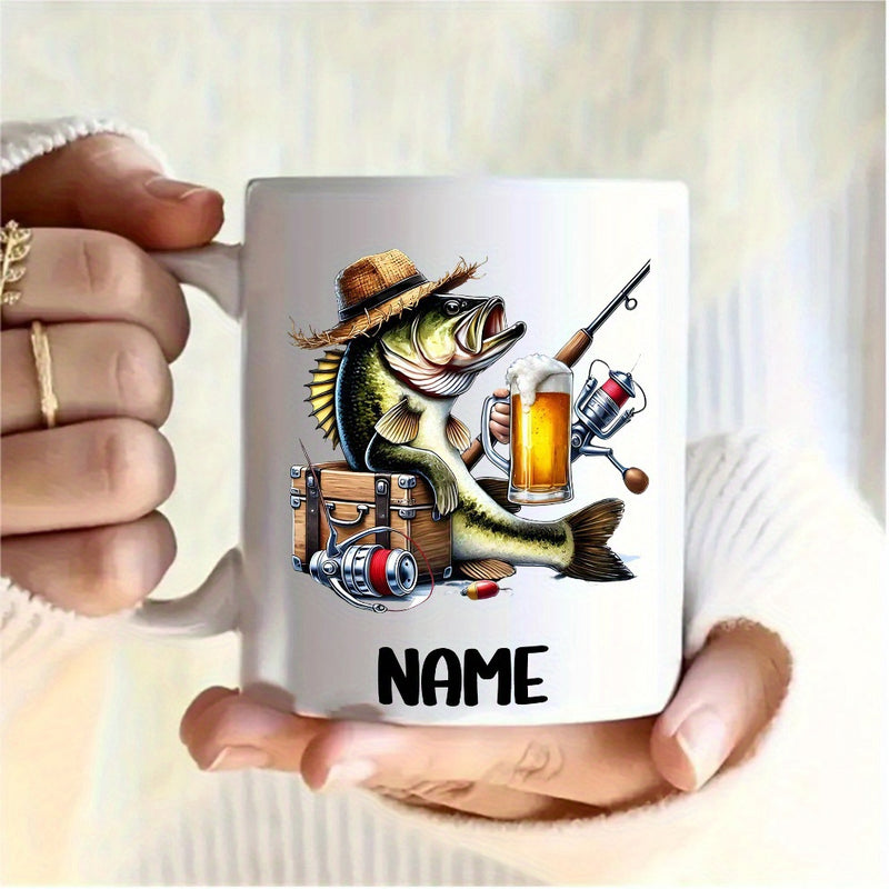 Tailorly White Ceramic 11 oz Mug - Name Humorous Bass Wearing A Straw Hat Holding Cold Beer Mug Bass