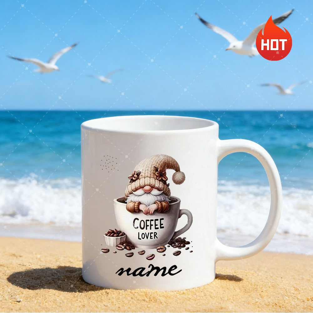 Tailorly White Ceramic 11 oz Mug - Coffee Lover Tiny Whimsical Gnome Resting Inside A Coffee Cup Among Scattered Beans Gnome