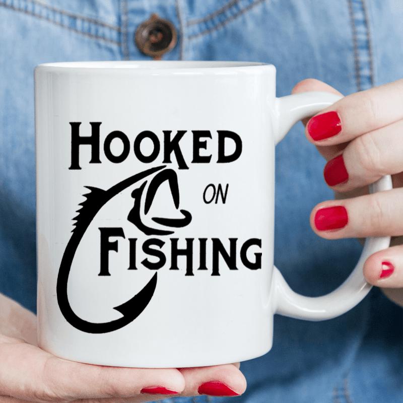 Tailorly White Ceramic 11 oz Mug - Hooked On Fishing Minimalist Black Silhouette Of A Jumping Bass Forming A Sharp Hook Bass