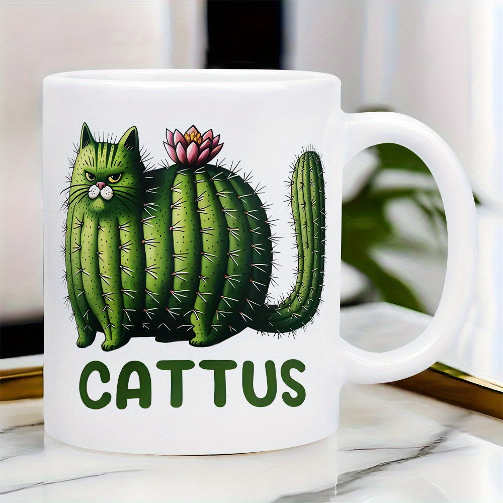 Tailorly White Ceramic 11 oz Mug - Cattus Whimsical Green Desert Succulent Plant Shaped Like A Grumpy Sitting Feline Cactus