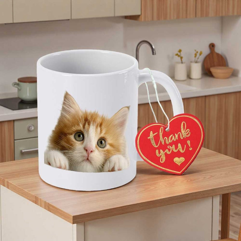 Tailorly White Ceramic 11 oz Mug - Thank You Adorable Fluffy Orange Feline Peeking Curiously Over A Clean White Surface Kitten