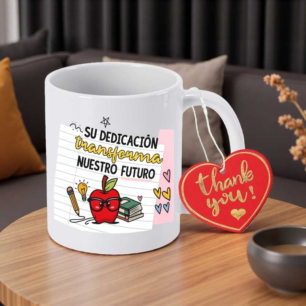 Tailorly White Ceramic 11 oz Mug - Thank You Vibrant Red Character Wearing Glasses Beside Stacked Textbooks And Sharp Pencil Apple
