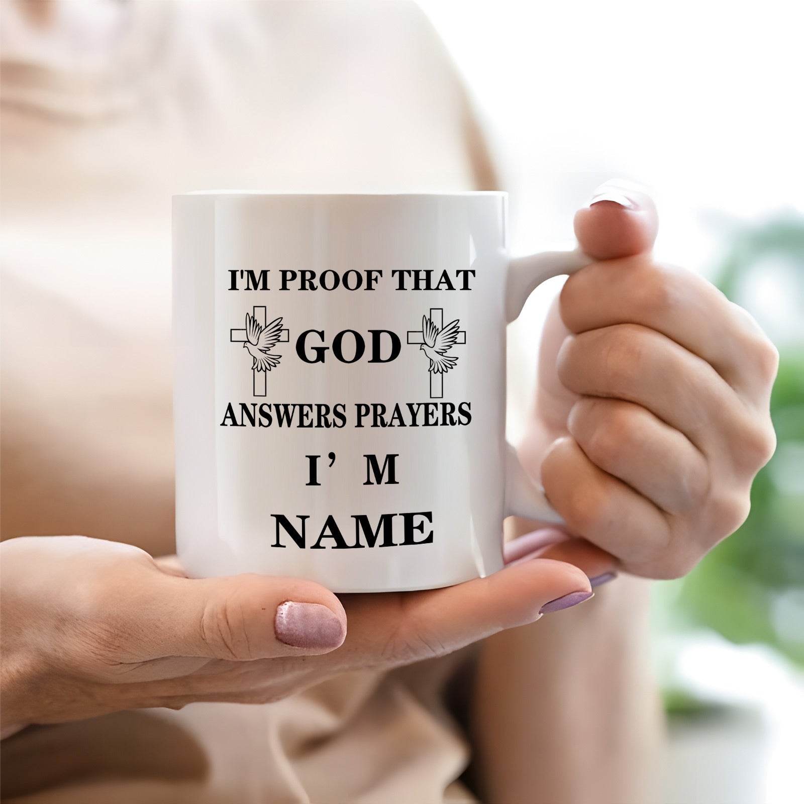 Tailorly White Ceramic 11 oz Mug - Im Proof That God Answers Prayers Im Name Symmetrical Christian Crosses With Flying Peace Doves Featuring Sacred Divine Cross