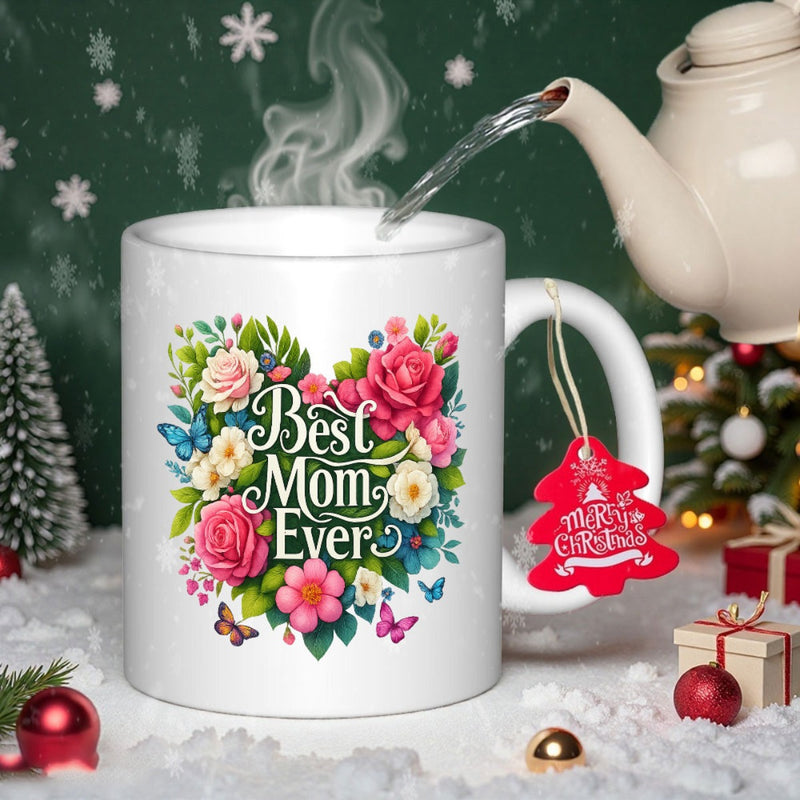 Tailorly White Ceramic 11 oz Mug - Best Mom Ever Vibrant Heart Shaped Floral Arrangement With Delicate Butterflies Among Blooming Roses Flower