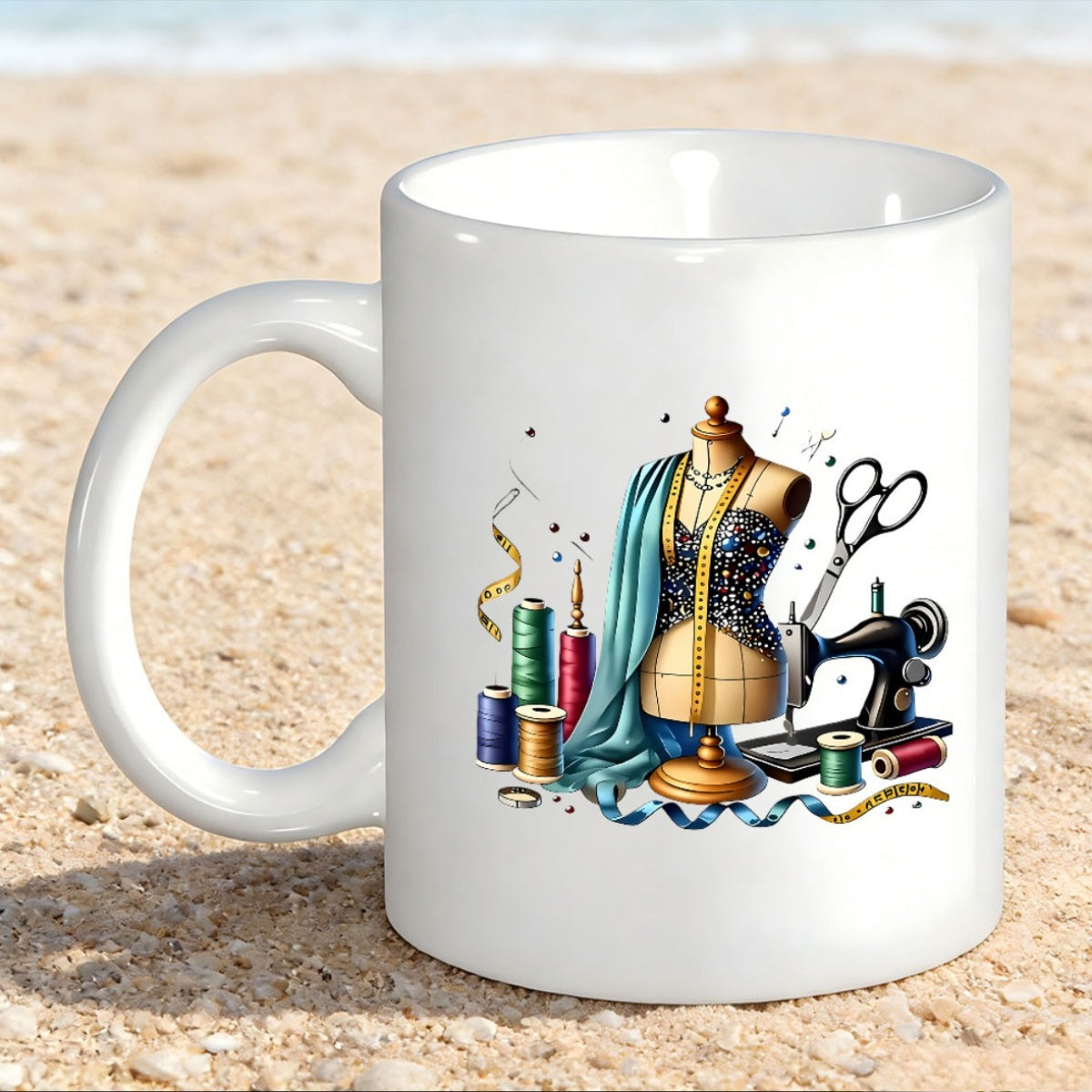 Tailorly White Ceramic 11 oz Mug - Vintage Tailoring Tools With Colorful Spools Of Thread And Classic Mannequin Sewing Machine