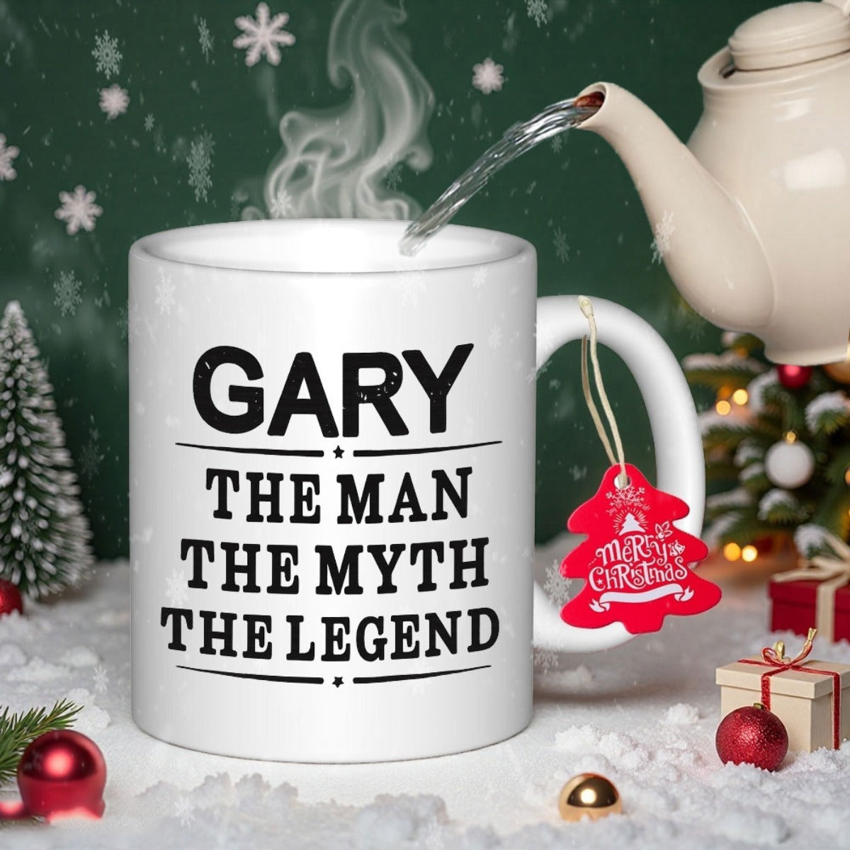 Tailorly White Ceramic 11 oz Mug - Gary The Man The Myth The Legend Festive Holiday Scene With Steam Rising Above A Minimalist