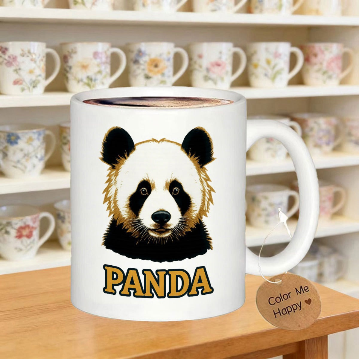 Tailorly White Ceramic 11 oz Mug - Panda Stylized Furry Animal Head With Bold Outlined Text Design Panda