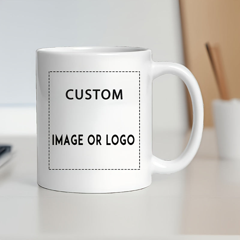Tailorly White Ceramic 11 oz Mug - Custom Image Or Logo Simple Ceramic Drinking Vessel Sitting On A Plain Bright Surface Mug