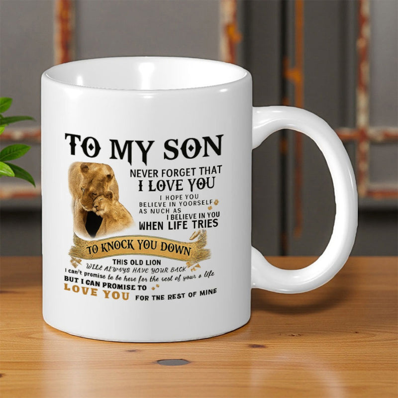 Tailorly White Ceramic 11 oz Mug - To My Son Never Forget I Love You Mature Golden Lion And Small Cub Sharing A Tender Protective Moment Lion