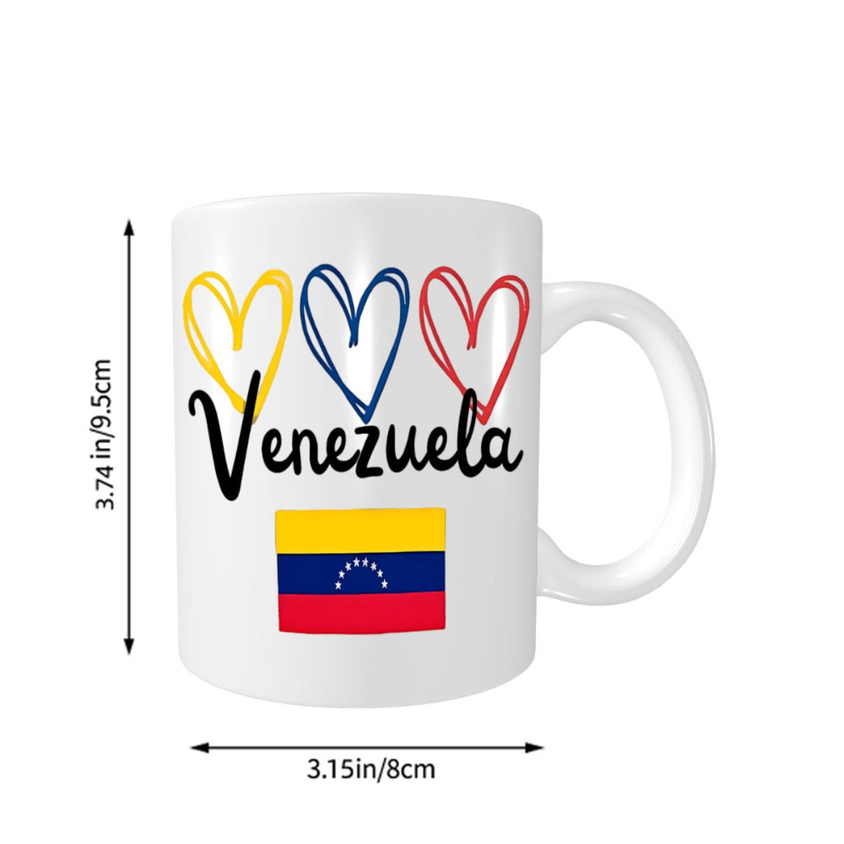 Tailorly White Ceramic 11 oz Mug - Venezuela Three Colorful Outlined Hearts And National Flag Over Pure