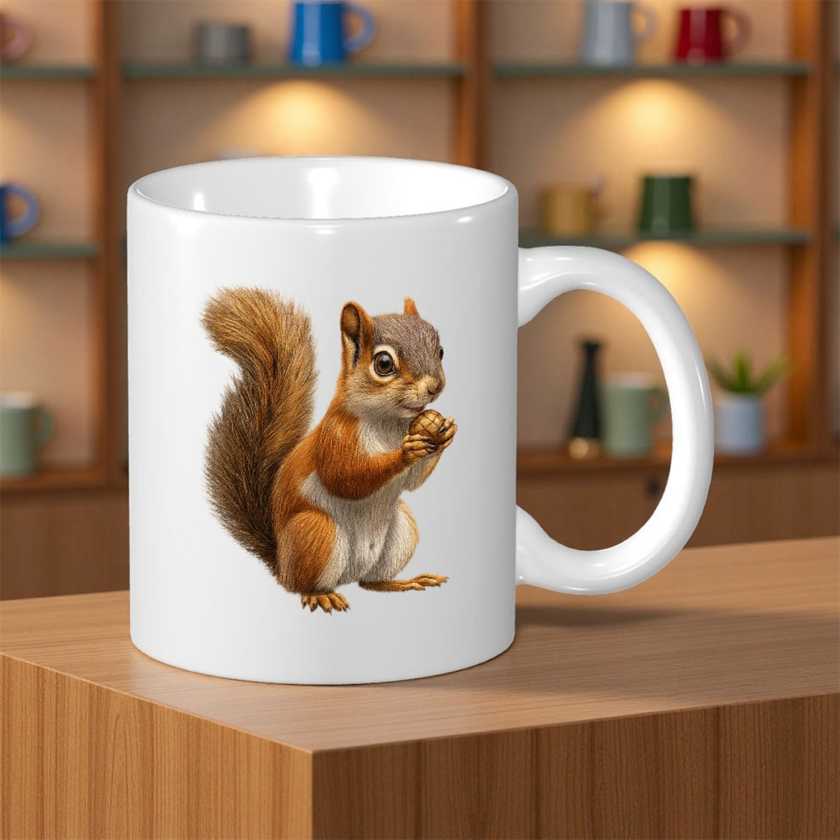Tailorly White Ceramic 11 oz Mug - Brown Animal With Bushy Tail Holding A Small Nut Gracefully Squirrel