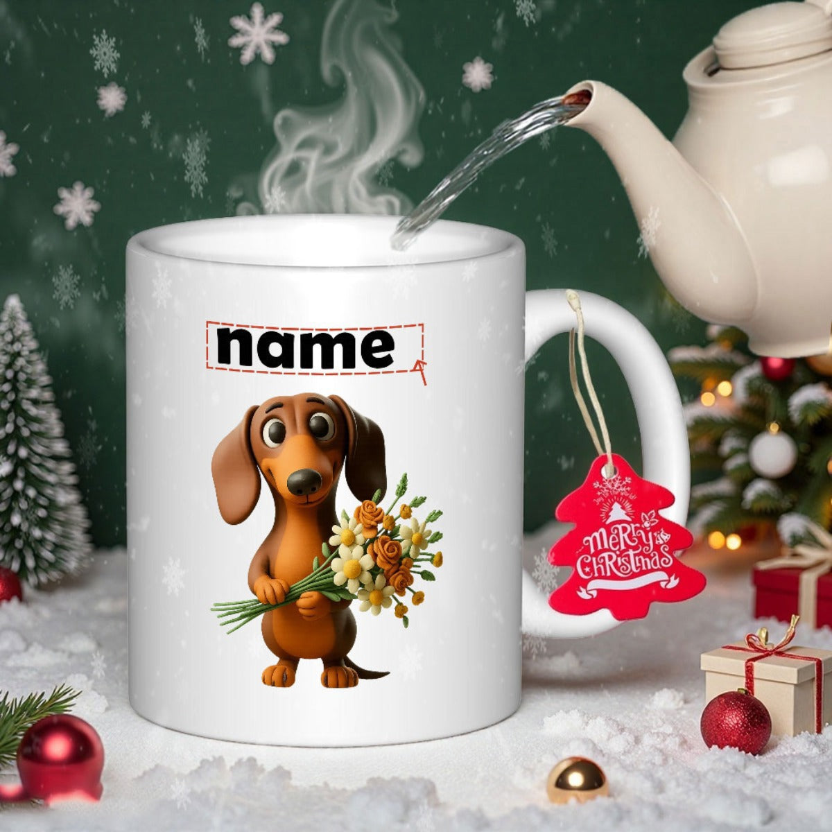 Tailorly White Ceramic 11 oz Mug - Name Adorable Brown Sausage Dog Holding Beautiful Yellow Flower Bouquet Dachshund