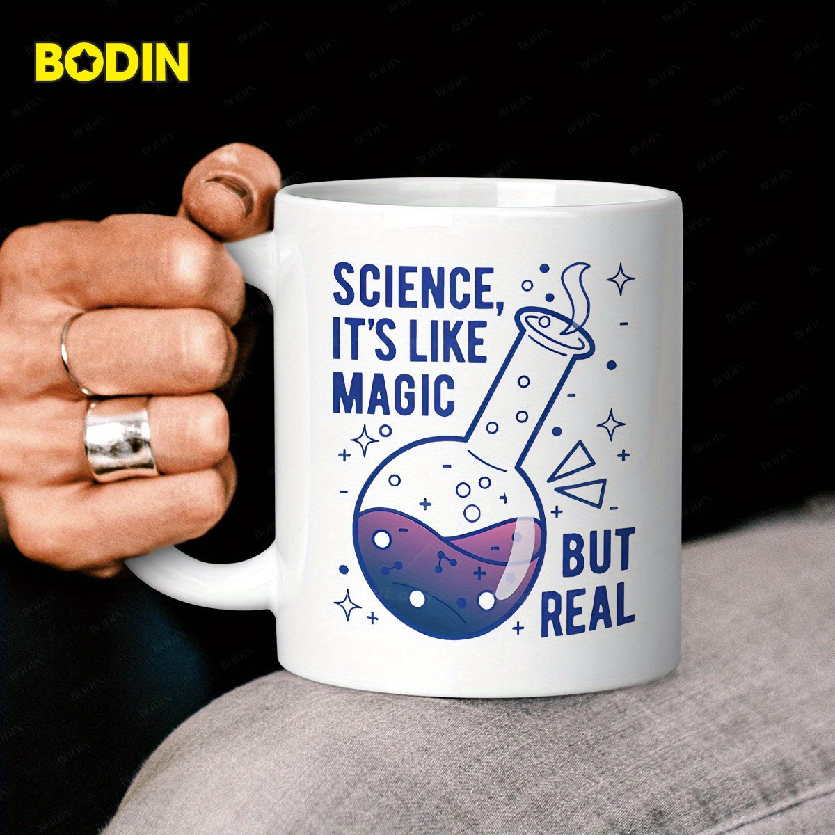 Tailorly White Ceramic 11 oz Mug - Science It Is Like Magic But Real Laboratory Glassware Filled With Bubbling Purple Liquid Surrounded By Stars Flask