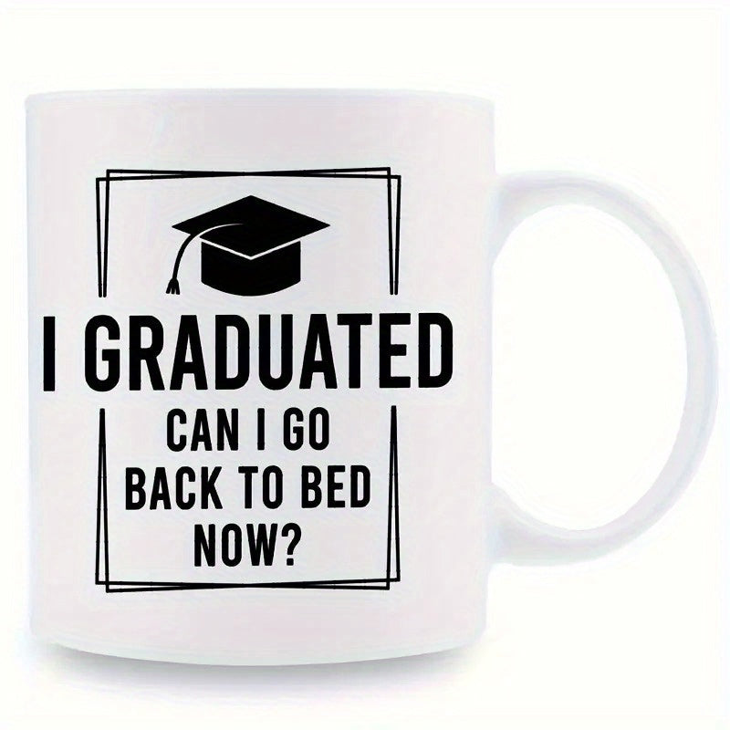 Tailorly White Ceramic 11 oz Mug - I Graduated Can I Go Back To Bed Now Elegant Black Mortarboard Silhouette Inside A Double Lined Geometric Frame Mortarboard