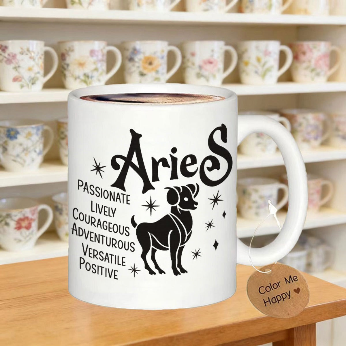 Tailorly White Ceramic 11 oz Mug - Aries Passionate Lively Courageous Adventurous Versatile Positive Minimalist Black Standing Silhouette Surrounded By Small Stars