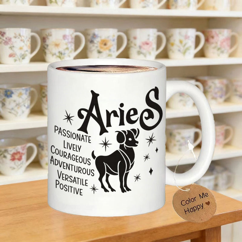 Tailorly White Ceramic 11 oz Mug - Aries Passionate Lively Courageous Adventurous Versatile Positive Minimalist Black Standing Silhouette Surrounded By Small Stars