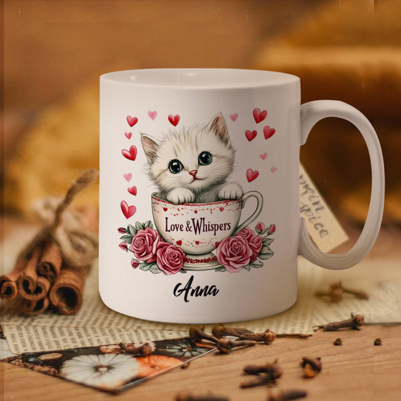 Tailorly White Ceramic 11 oz Mug - Love Whispers Anna Adorable Fluffy White Kitten Resting Inside Floral Teacup Surrounded By Hearts Kitten