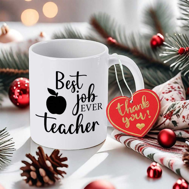 Tailorly White Ceramic 11 oz Mug - Best Job Ever Teacher Sleek Black Apple Silhouette Centered Within Artistic Script Typography Professional Ceramic Mug