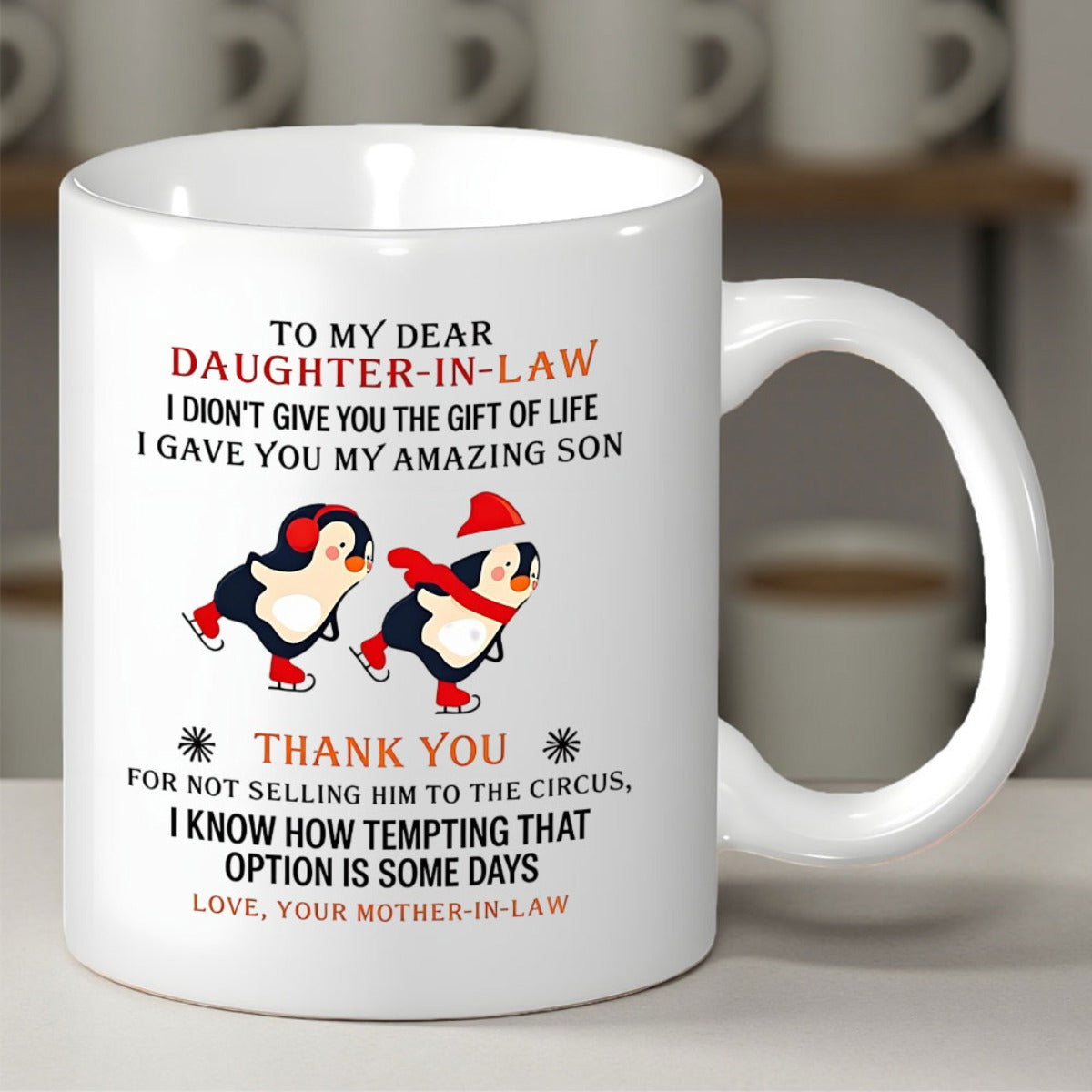 Tailorly White Ceramic 11 oz Mug - To My Dear Daughter In Law Two Cute Winter Penguins Ice Skating Together On A Frozen Surface Penguin