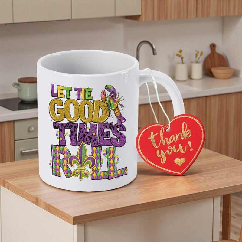Tailorly White Ceramic 11 oz Mug - Let The Good Times Roll Festive Mardi Gras Decoration With Crawfish And Classic Fleur De Lis
