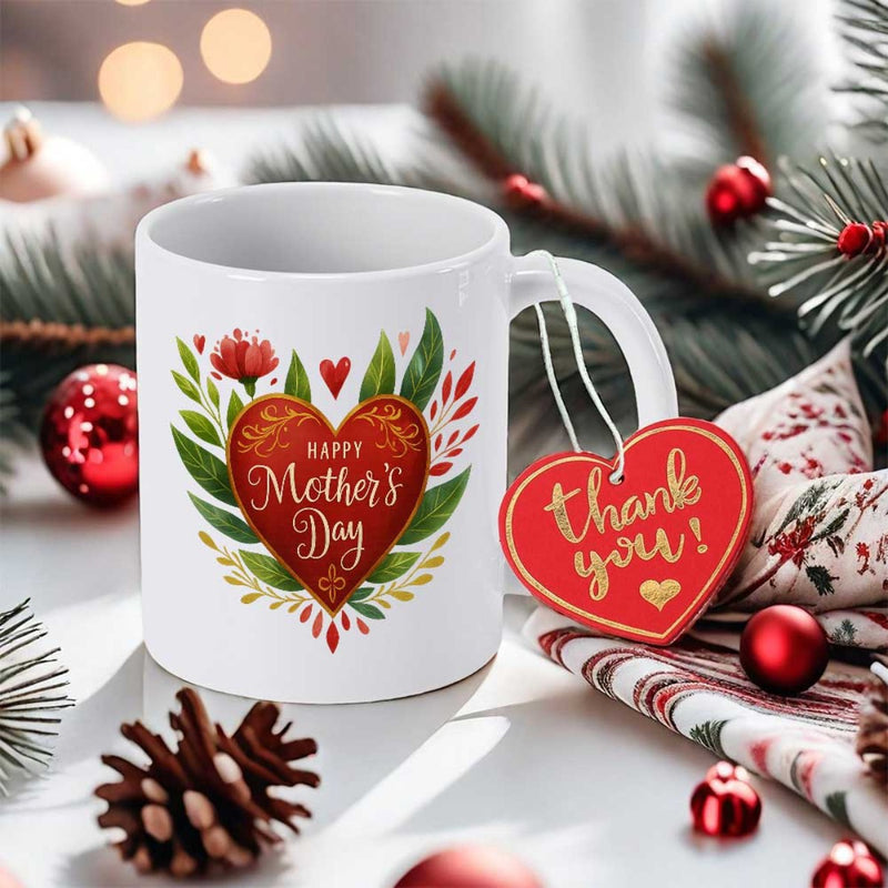 Tailorly White Ceramic 11 oz Mug - Happy Mother's Day Thank You Vibrant Green Leaves Surrounding A Large Ornate Red Patterned Heart
