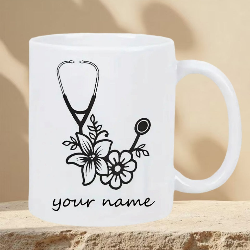Tailorly White Ceramic 11 oz Mug - Your Name Elegant Black Line Art Featuring Floral Elements And Delicate Stethoscope