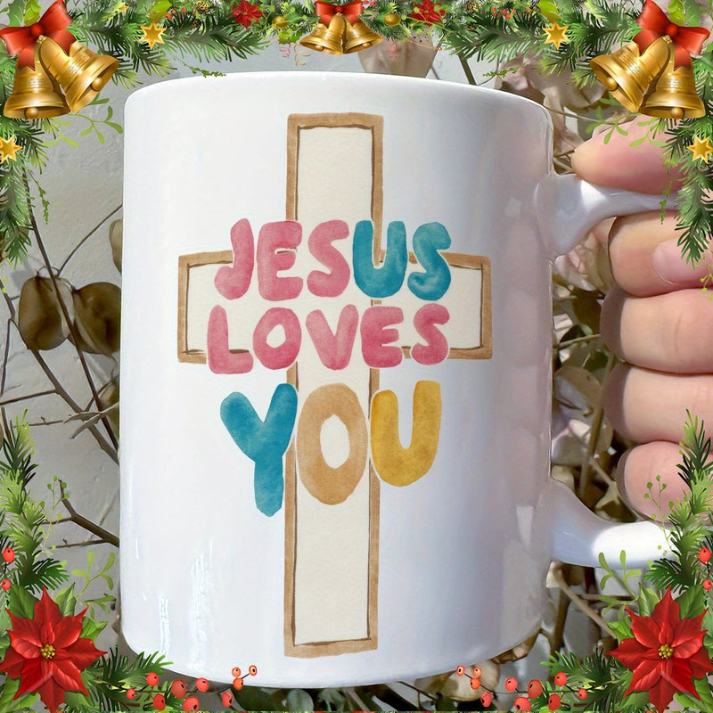Tailorly White Ceramic 11 oz Mug - Jesus Loves You Minimalist Wooden Style With Playful Colorful Pastel Text Layout Cross