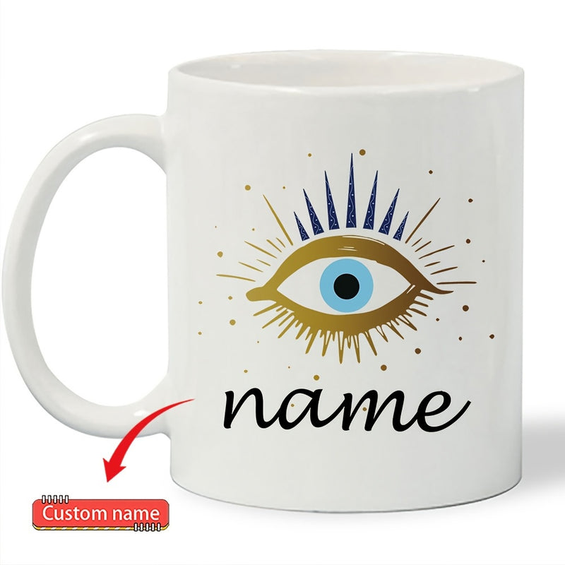 Tailorly White Ceramic 11 oz Mug - Name Mysterious Gold And Blue Nazar With Radiant Beams Among Golden Speckles Eye