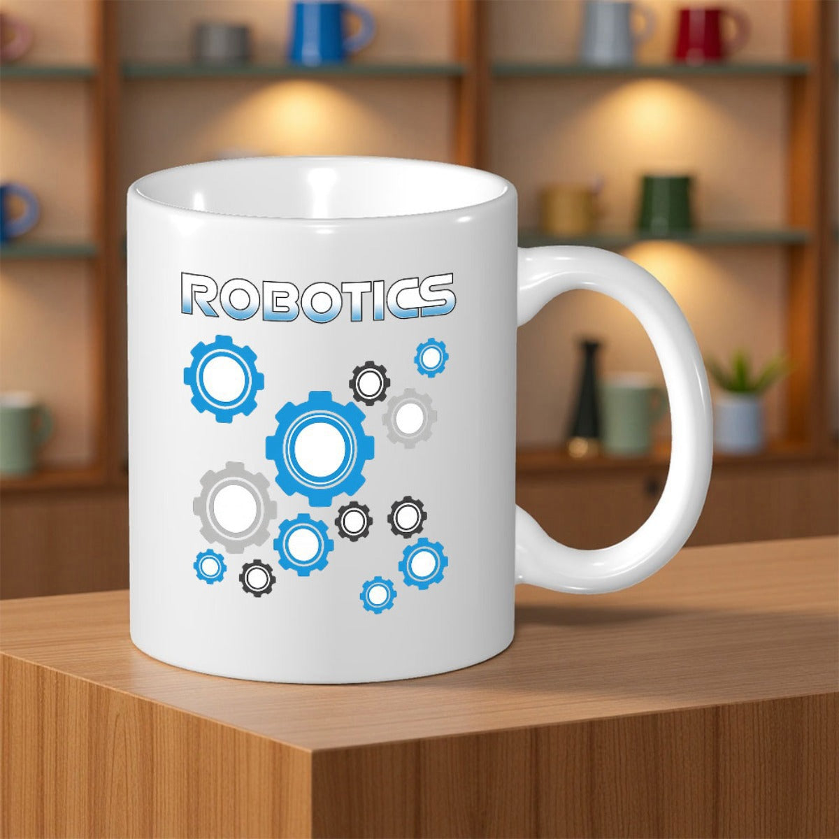 Tailorly White Ceramic 11 oz Mug - Robotics Mechanical Blue And Grey Industrial Engineering Pattern With Interlocking Various Sizes Gears