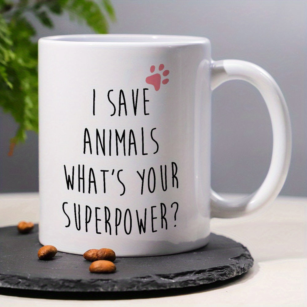 Tailorly White Ceramic 11 oz Mug - I Save Animals What's Your Superpower Minimalist Pink Silhouette Paw Print With Heart Shaped Pad Animal Footprint Paw