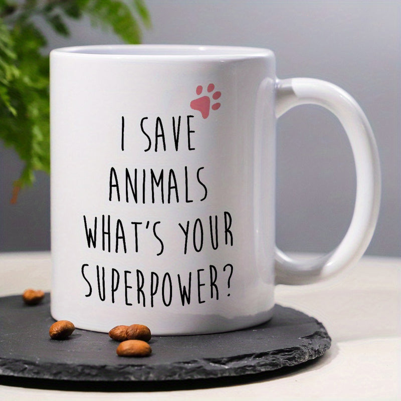 Tailorly White Ceramic 11 oz Mug - I Save Animals What's Your Superpower Minimalist Pink Silhouette Paw Print With Heart Shaped Pad Animal Footprint Paw